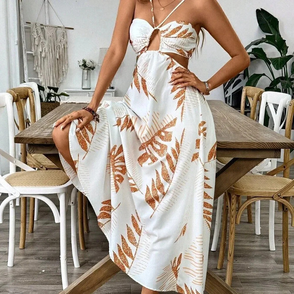 Multicolor Boho Women's Tropical Hollow Out Backless Halter Maxi Beach Dress - Picture 3 of 5